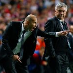 Real Madrid's coach Ancelotti watches his assistant Zidane shout at their players during their Champions League final soccer match against Atletico Madrid at Luz stadium in Lisbon
