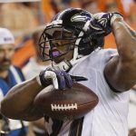 Baltimore Ravens Rice reacts after scoring a touchdown during the second quarter in their NFL football game in Denver