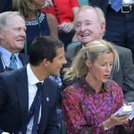 Former golfer Jack Nicklaus, rear left, and former tennis player Rod Laver, rear right,