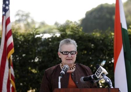 US ambassador to India Nancy addresses media before she presented EOD 9 suits, Helmets and Disruptors to Mumbai Police at a function in the U.S. embassy in New Delhi