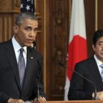 U.S. President Barack Obama attends a news conference with Japanese Prime Minister Shinzo Abe at the Akasaka guesthouse in Tokyo