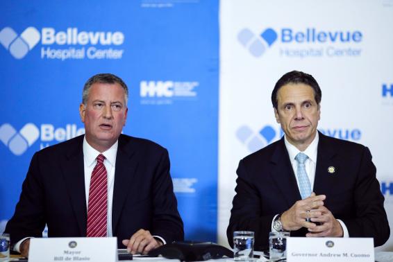 New York Mayor de Blasio and New York Governor Cuomo attend a news conference in Bellevue Hospital in New York