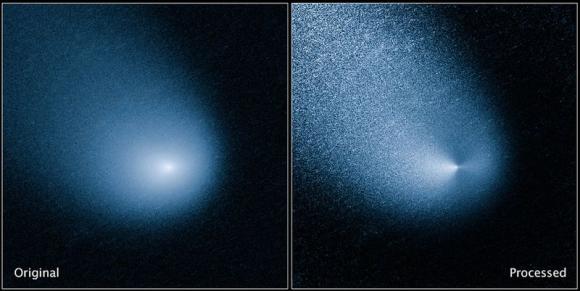 Comet C/2013 A1, also known as Siding Spring, is seen as captured by Wide Field Camera 3 on NASA's Hubble Space Telescope