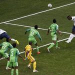 France's Pogba heads to score a goal against Nigeria during their 2014 World Cup round of 16 game in Brasilia