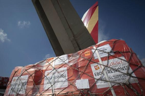 Pallets of supplies wait to be loaded on a 747 aircraft at New York's JFK International Airport
