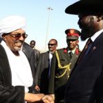 Omar Hassan al-Bashir and Salva Kiir, right,
