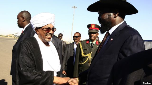 Omar Hassan al-Bashir and Salva Kiir, right,