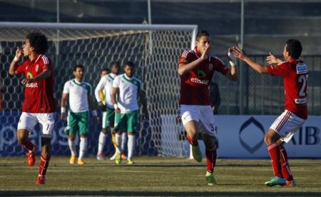 Al Ahly's Sobhy celebrates with team mates after scoring a goal against Al Masry at El-Gouna stadium in Hurghada