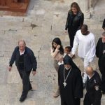 U.S. reality TV star Kardashian walks on grounds of Cathedral of Saint James in Jerusalem's Old City