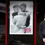 A restaurant displays a poster supporting the Yes vote in the Caple Street area of Dublin in Ireland