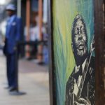 A painting of Blues legend B.B. King adorns a building wall on Beale Street in Memphis