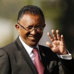 Madagascar's President Hery Rajaonarimampianina arrives for the inauguration ceremony of South African President Jacob Zuma at the Union Buildings in Pretoria