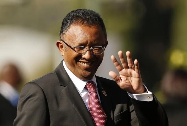 Madagascar's President Hery Rajaonarimampianina arrives for the inauguration ceremony of South African President Jacob Zuma at the Union Buildings in Pretoria