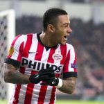 Memphis Depay of PSV Eindhoven reacts during their Europa League soccer match against Zenit St Petersburg in Eindhoven