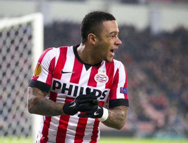 Memphis Depay of PSV Eindhoven reacts during their Europa League soccer match against Zenit St Petersburg in Eindhoven