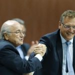 FIFA President Blatter and Valcke, Secretary General of the FIFA do a Handshake For Peace at the 65th FIFA Congress in Zurich