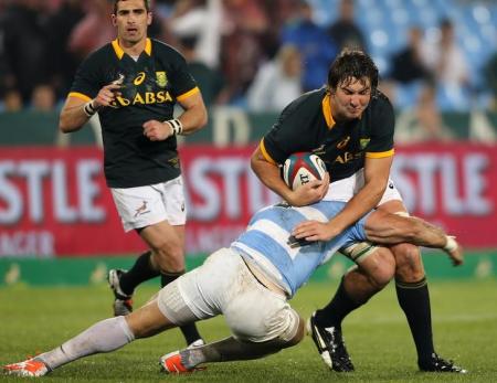 Argentina's Juan Manuel tackles South Africa's Duane Vermeulen during their Rugby Championship match at Loftus Versfeld stadium in Pretoria