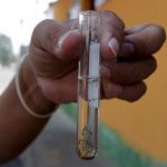 Municipal health worker shows off a test tube with larvae of Zika virus vector, the Aedes aegypti mosquito, as part of the city's efforts to prevent the spread of the Zika, in Guatemala City