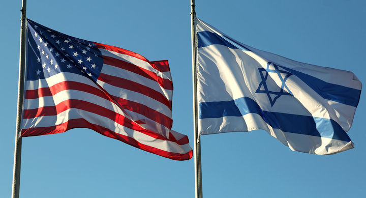 two flags: American and Israeli waving in the blue sky