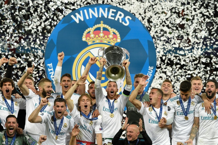 Sergio Ramos holds the trophy aloft after Real Madrid beat Liverpool in last season's final 