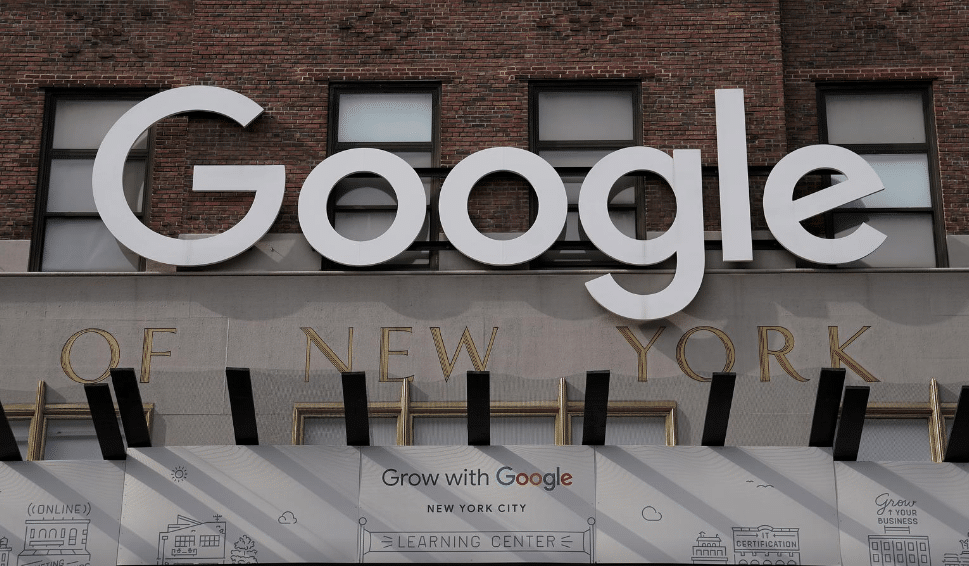A Google sign is pictured on a Google building in the Manhattan