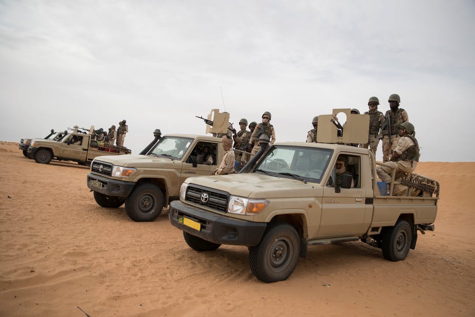 Mauritanian soldiers stand guard near the border with Mali in the fight against jihadists in Africa’s Sahel region.