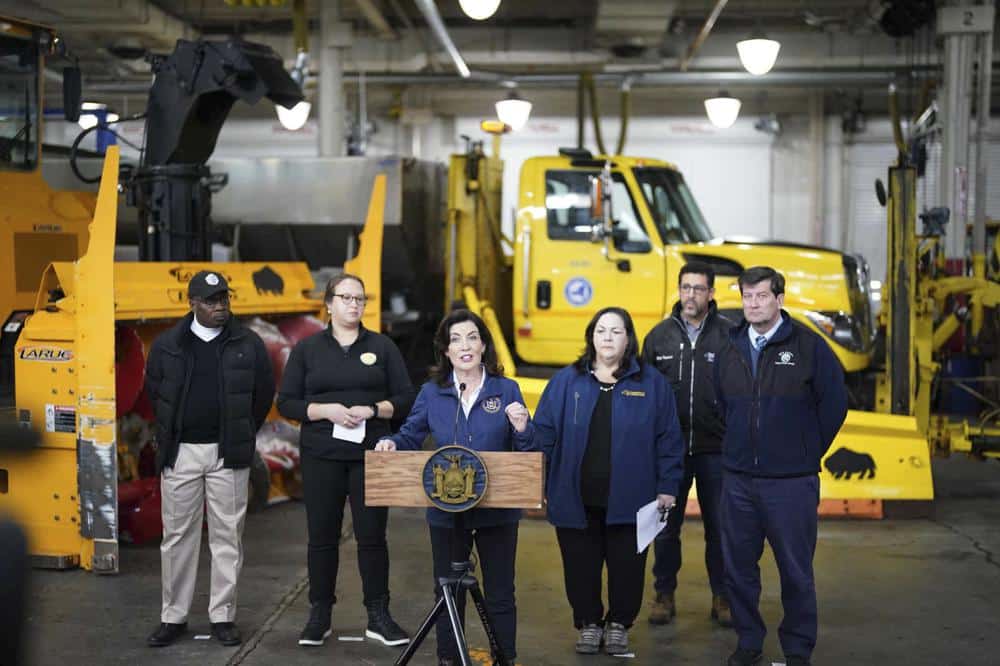 Gov. Kathy Hochul speaks during a briefing on preparations for the impending snowstorm that is expected to dump several feet of snow on the Western New York area beginning tonight at the New York State Thruway's Walden Garage in Cheektowaga