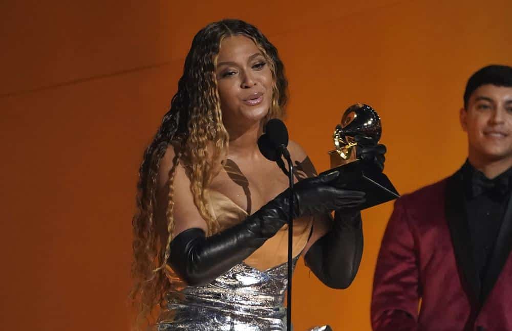 Beyonce accepts the award for best dance/electronic music album for "Renaissance" at the 65th annual Grammy Awards on Sunday