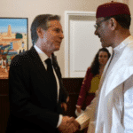 U.S. Secretary of State Antony Blinken, left, shakes hands with Nigerien President Mohamed Bazoum