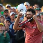Jon Rahm of Spain celebrates on the 18th green after winning the 2023 Masters Tournament