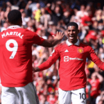 Manchester United's Anthony Martial celebrates scoring their second goal with Marcus Rashford