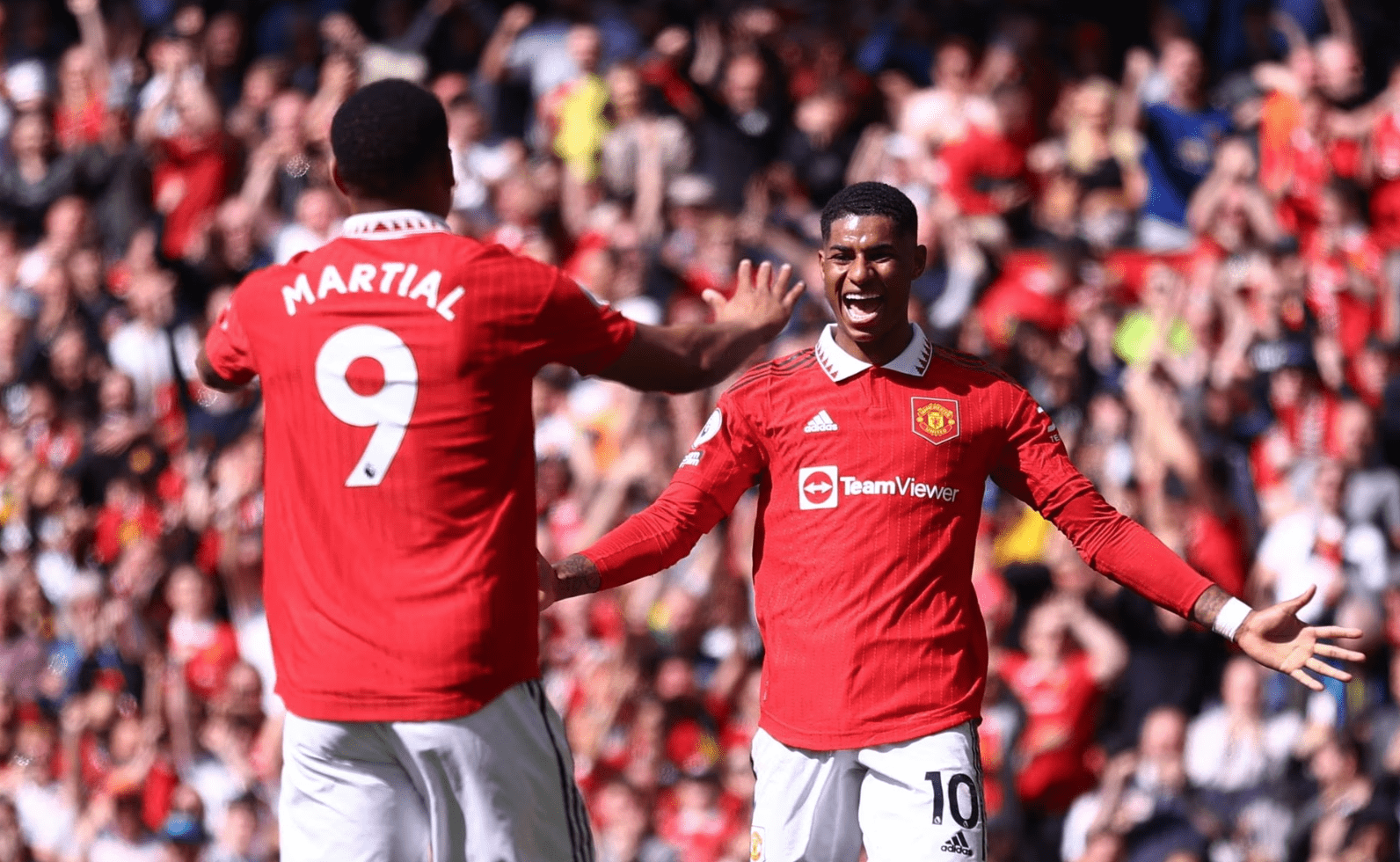 Manchester United's Anthony Martial celebrates scoring their second goal with Marcus Rashford 