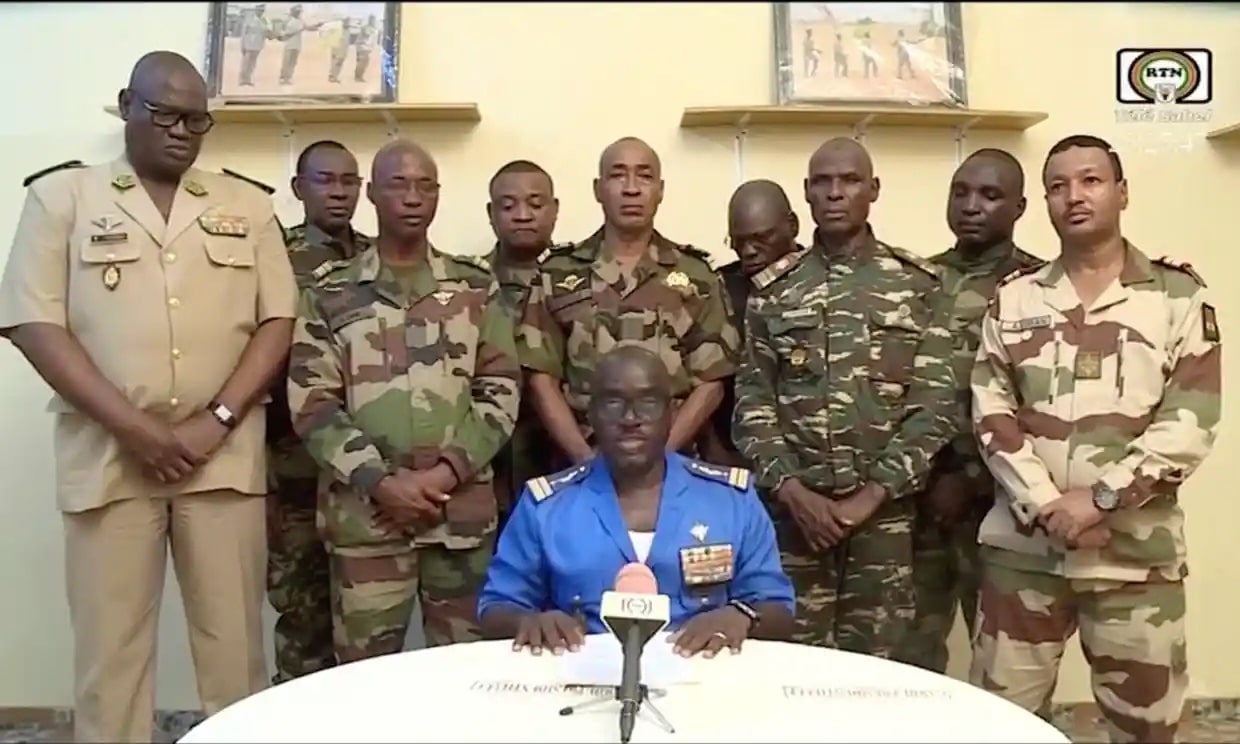 Niger Army spokesman Colonel Amadou Adramane speaks during an appearance on national television, after President Mohamed Bazoum was held in the presidential palace. Photograph: ORTN/Reuters