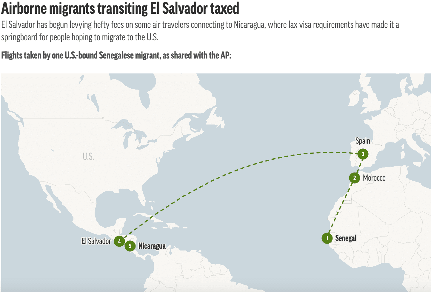 Flights taken by one U.S.-bound Senegalese migrant, as shared with the AP: