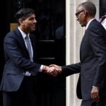 British Prime Minister Rishi Sunak shakes hands with Rwandan President Paul Kagame at Downing Street in London
