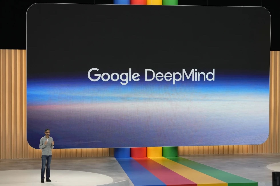 Alphabet CEO Sundar Pichai speaks about Google DeepMind at a Google I/O event in Mountain View, Calif.