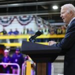President Joe Biden speaks at the Amtrak Bear Maintenance Facility, Monday, Nov. 6, 2023, in Bear, Del.