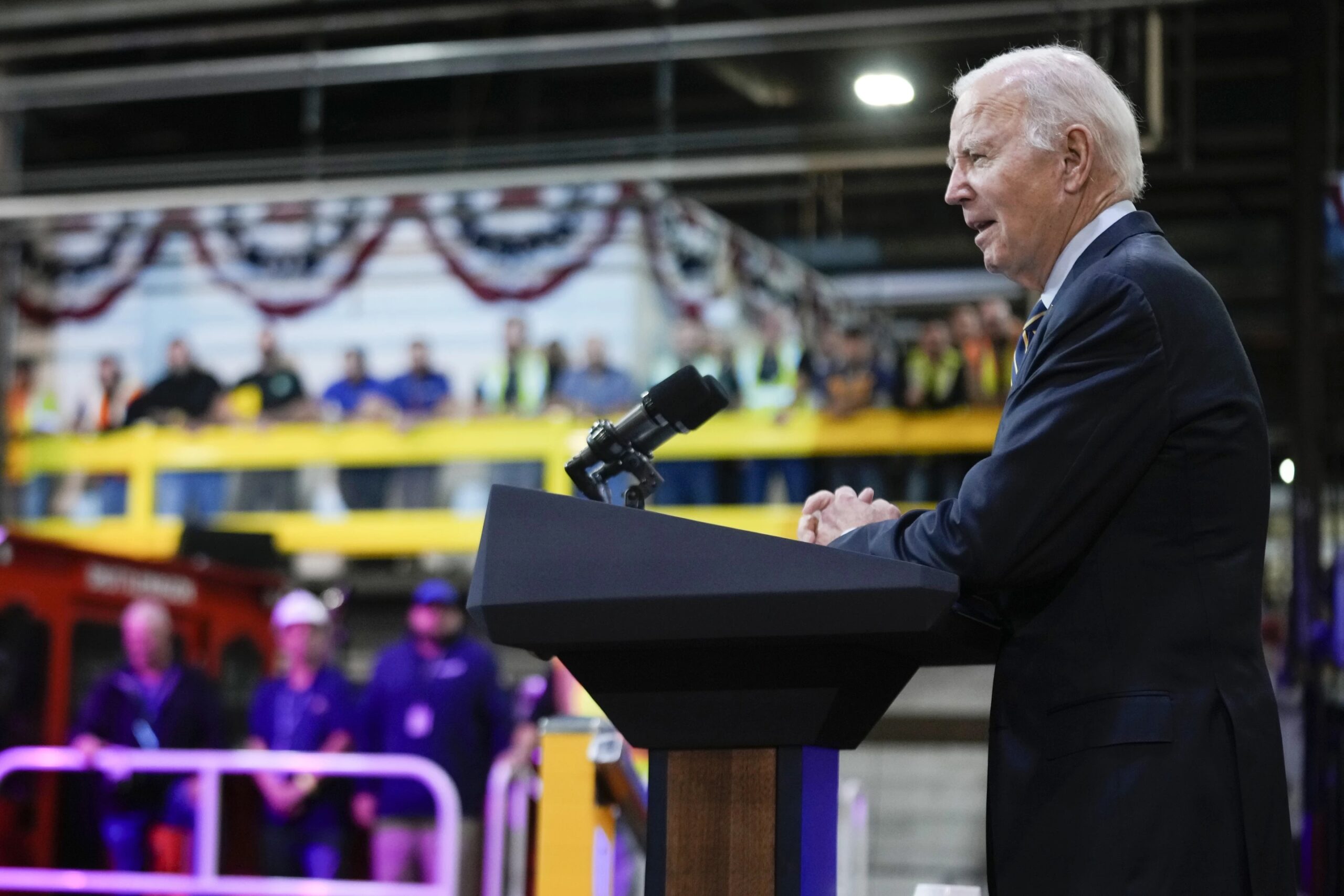 President Joe Biden speaks at the Amtrak Bear Maintenance Facility, Monday, Nov. 6, 2023, in Bear, Del.