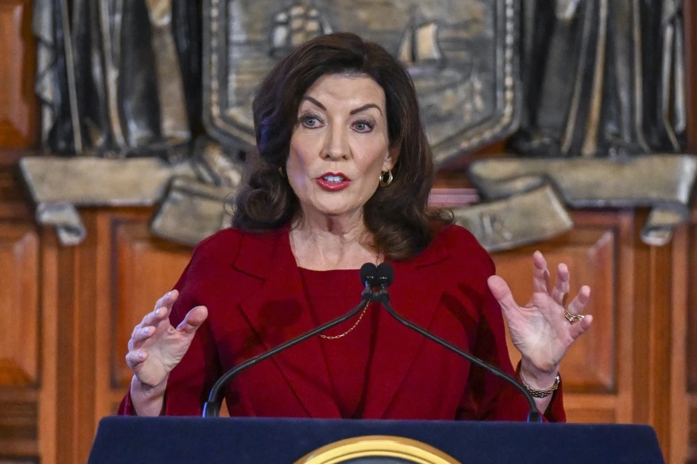 New York Gov. Kathy Hochul speaks at the state Capitol, Feb. 1, 2023