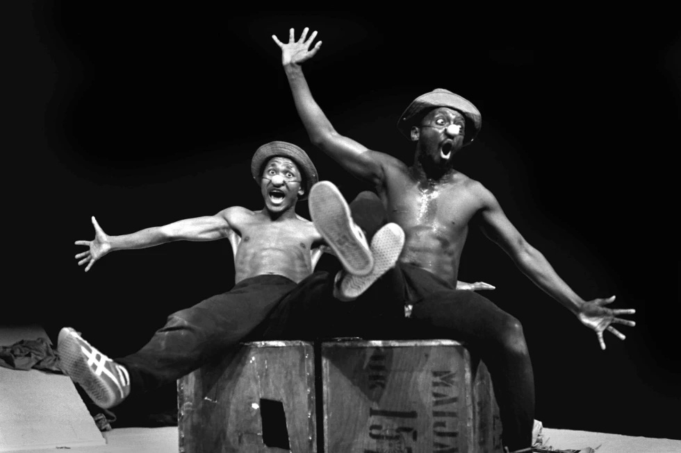 Performers Percy Mtwa, left, and Mbongeni Ngema in a scene from “Woza Albert” at the Market Theatre in Johannesburg, South Africa, in 1981. 