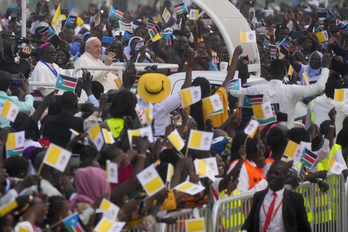 Pope Francis arrives to celebrate mass at the John Garang Mausoleum in Juba, South Sudan, Sunday, Feb. 5, 2023.