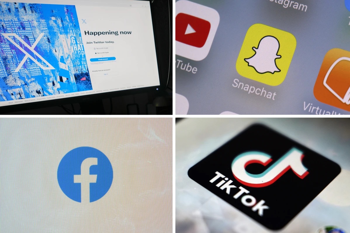 This combination of photos shows logos of X, formerly known as Twitter, top left; Snapchat, top right; Facebook, bottom left; and TikTok, bottom right. Social media companies collectively made over $11 billion in U.S. advertising revenue from minors last year, according to a study from the Harvard T.H. Chan School of Public Health released Wednesday, Dec. 27, 2023. (AP Photo, File)