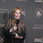 Carol Burnett pose in the press room with the award for outstanding variety special (Pre-Recorded) for “Carol Burnett: 90 Years Of Laughter and Love” during night two of the Creative Arts Emmy Awards on Sunday Jan. 7, 2024, at the Peacock Theater in Los Angeles. (Photo by Richard Shotwell/Invision/AP)