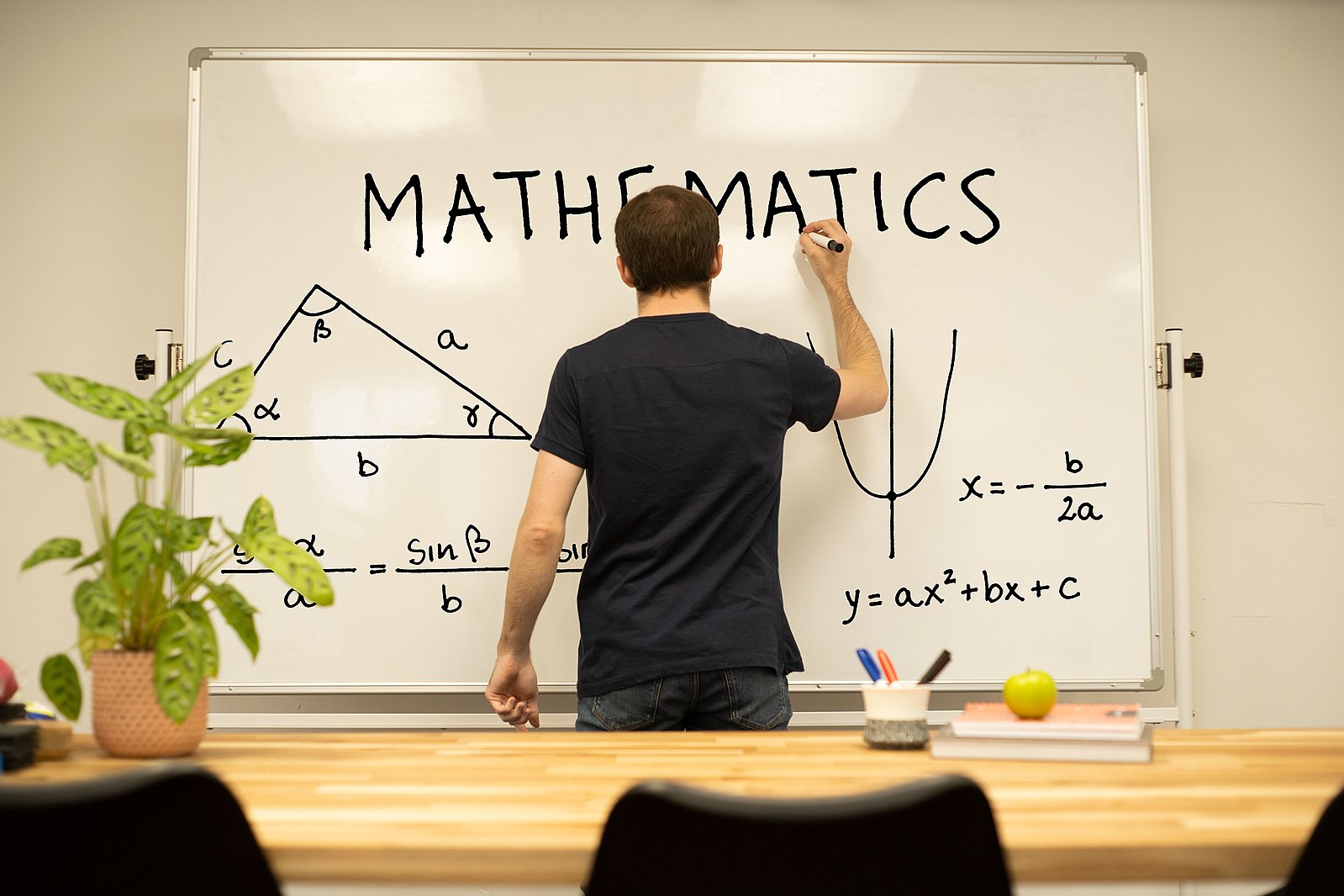 Teacher writing maths formulae on whiteboard 