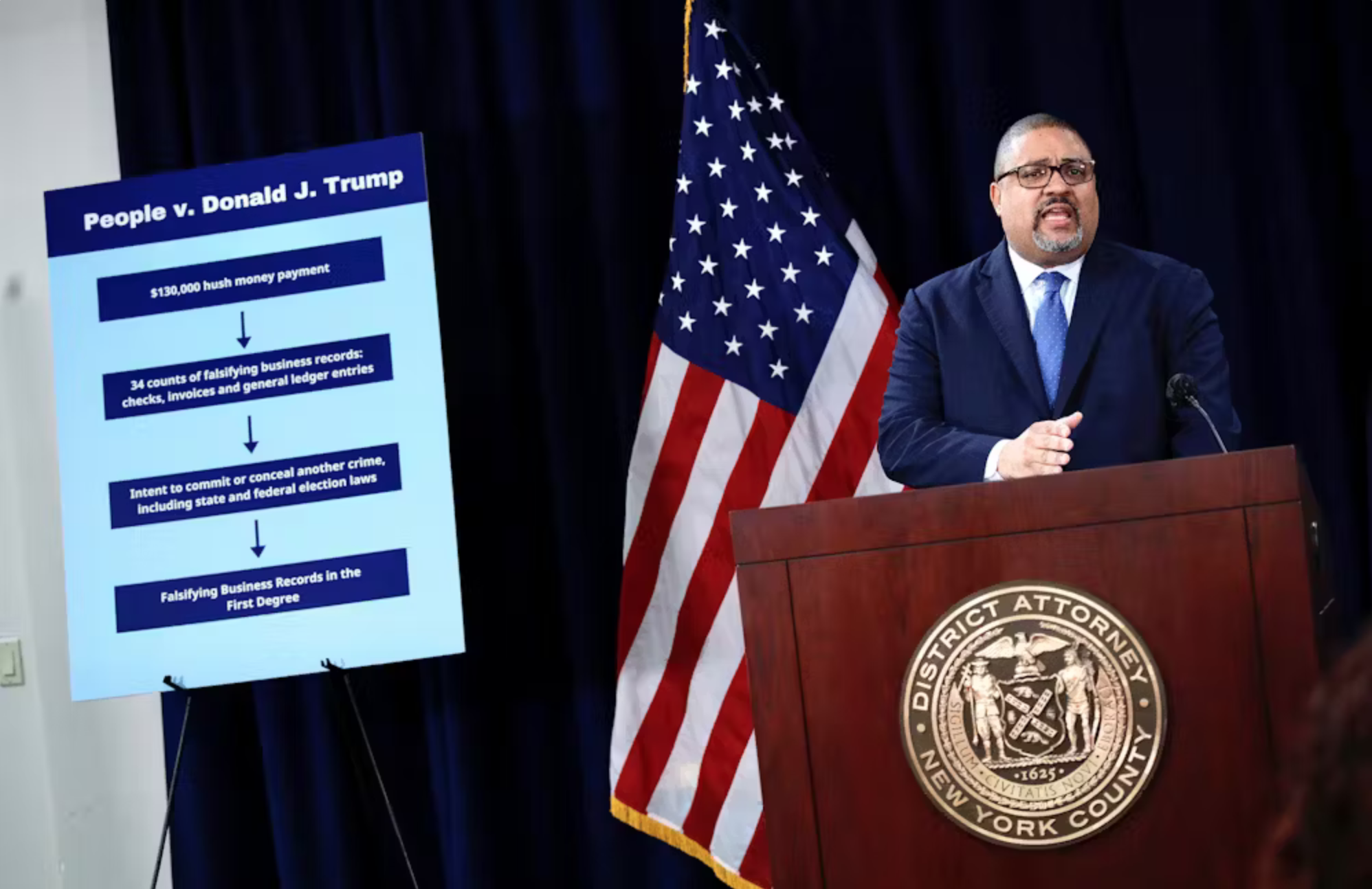  Manhattan District Attorney Alvin Bragg speaks during a press conference about former President Donald Trump’s arraignment on April 4, 2023