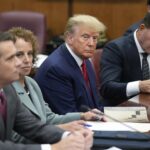 Former President Donald Trump sits at the defense table with his legal team in a Manhattan court
