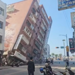Video footage run by TVBS shows a partially collapsed building after an earthquake struck in Hualien, eastern Taiwan. TVBS via AP/AAP