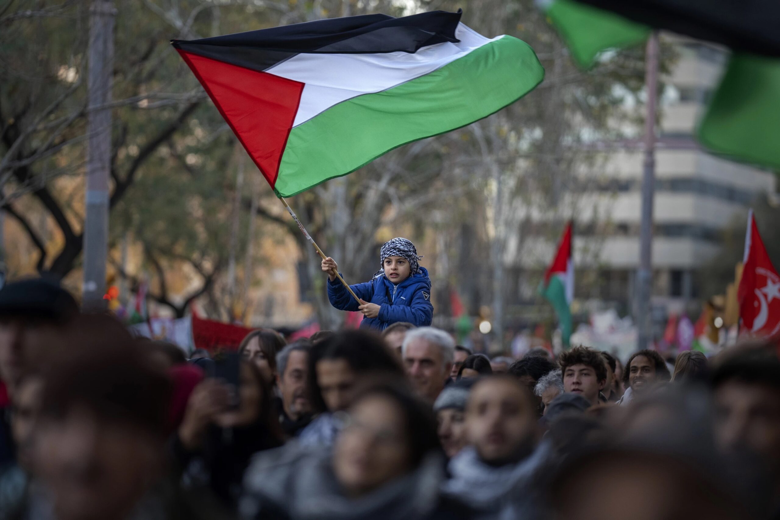 A boy waves a Palestinian flag as demonstrators march during a protest in support of Palestinians and calling for an immediate ceasefire in Gaza, in Barcelona, Spain, on Jan. 20, 2024. European Union countries Spain and Ireland as well as Norway on Wednesday announced dates for recognizing Palestine as a state.