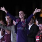 President-elect Claudia Sheinbaum waves to supporters at the Zocalo, Mexico City’s main square, after the National Electoral Institute announced she held an irreversible lead in the election, early Monday, June 3, 2024. (AP Photo/Marco Ugarte)