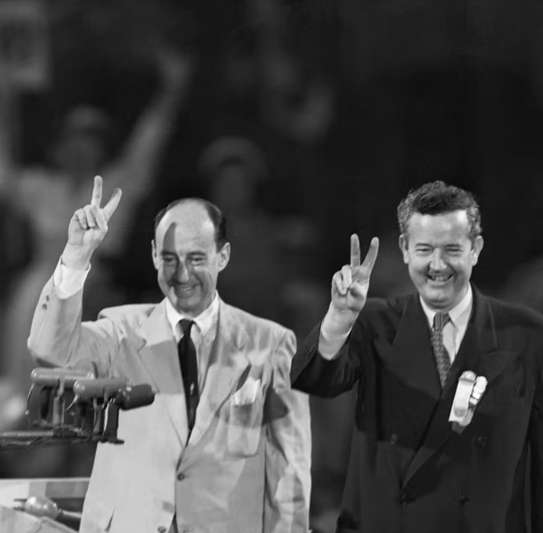 In 1952, Tennessee Democratic Sen. Estes Kefauver was the favorite for the nomination. Party leaders didn’t want him and gave the nomination to Illinois Gov. Adlai Stevenson, left, with running mate Sen. John Sparkman, who was not even a candidate before the convention.